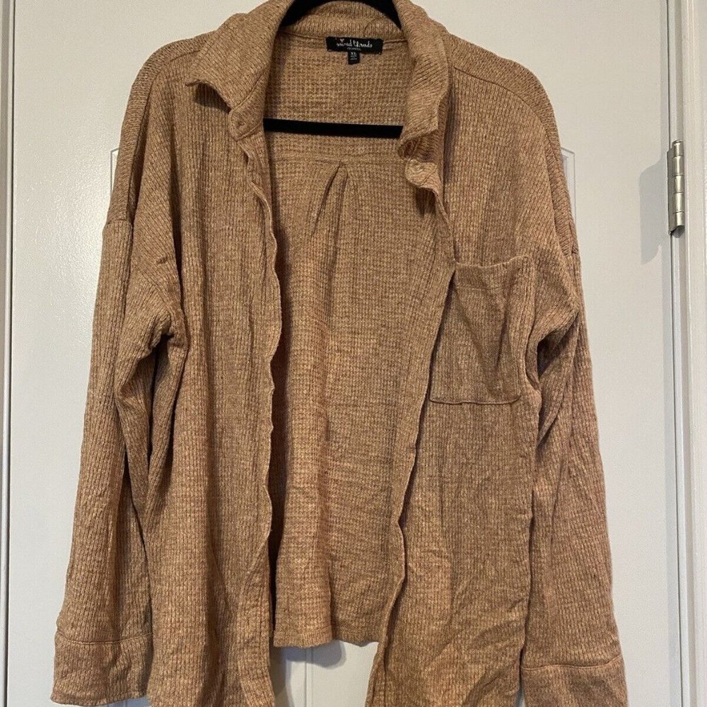 Mixed Threads Brown Knit Button Down Long Sleeve Front Pocket Collar Shirt XL